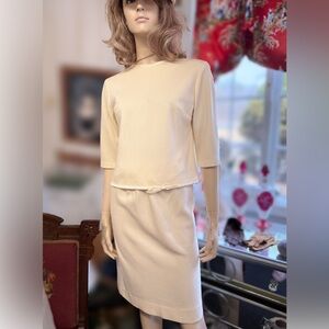 1960s Two Piece Dress Wool Blend Knit Satin Ribbon & Bow Trim